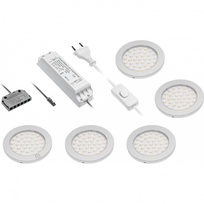 Комплект 5 светильников LED Castello, первый с выключателем, трансформатор, теплый белый, 6 выходов miniAMP GTV LD-Z5CSCB-53